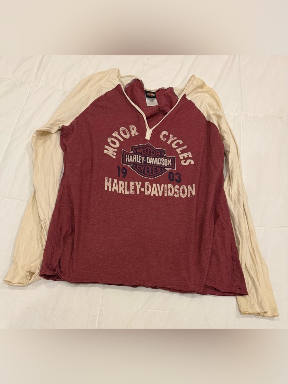VTG Harley-Davidson Colorblock Raglan Long Sleeve Shirt Maroon Cream XXL